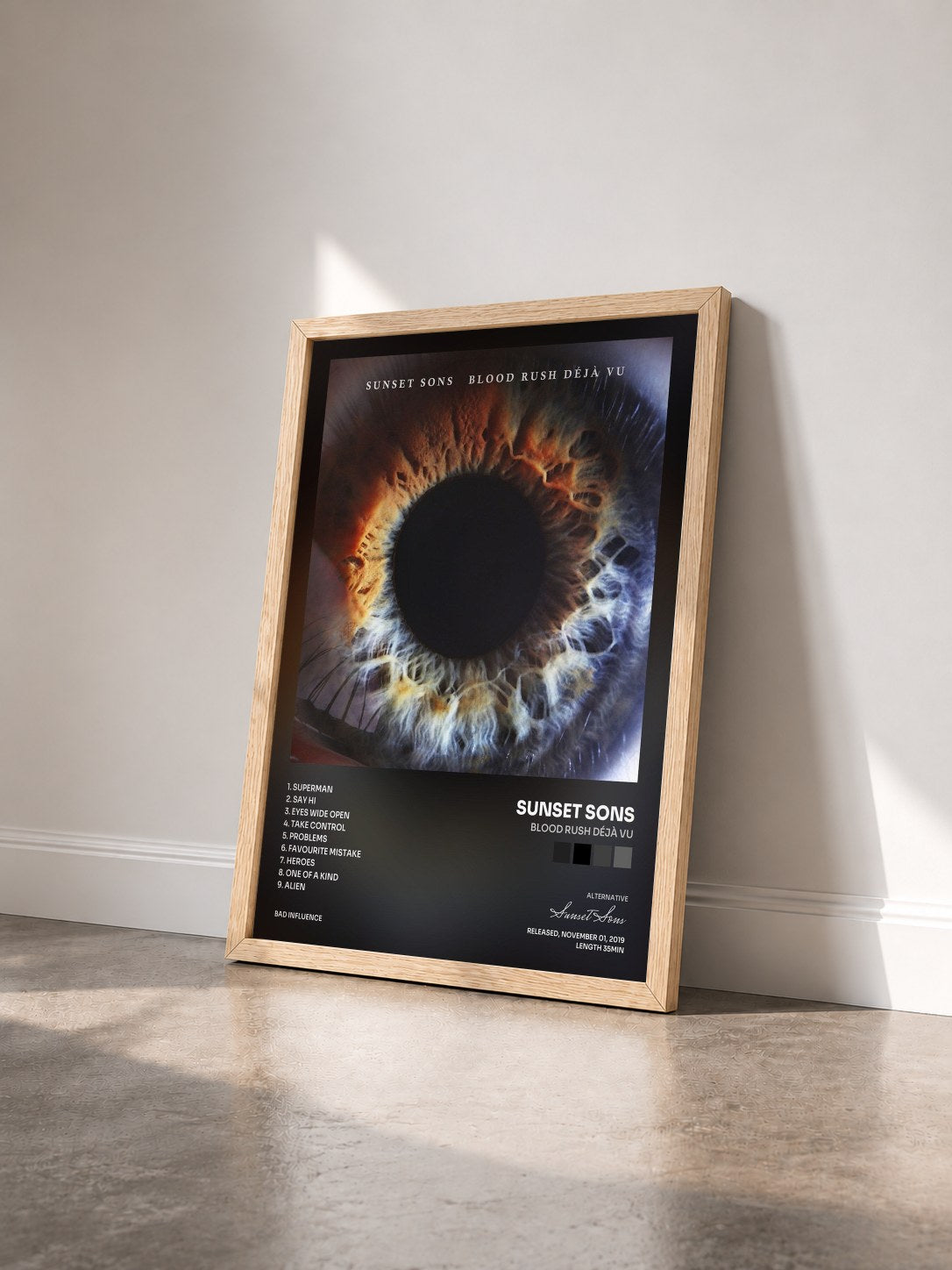 #bois Tableau de l'album Blood Rush Déjà Vu de Sunset Sons vu de trois quarts, cadre en bois brut