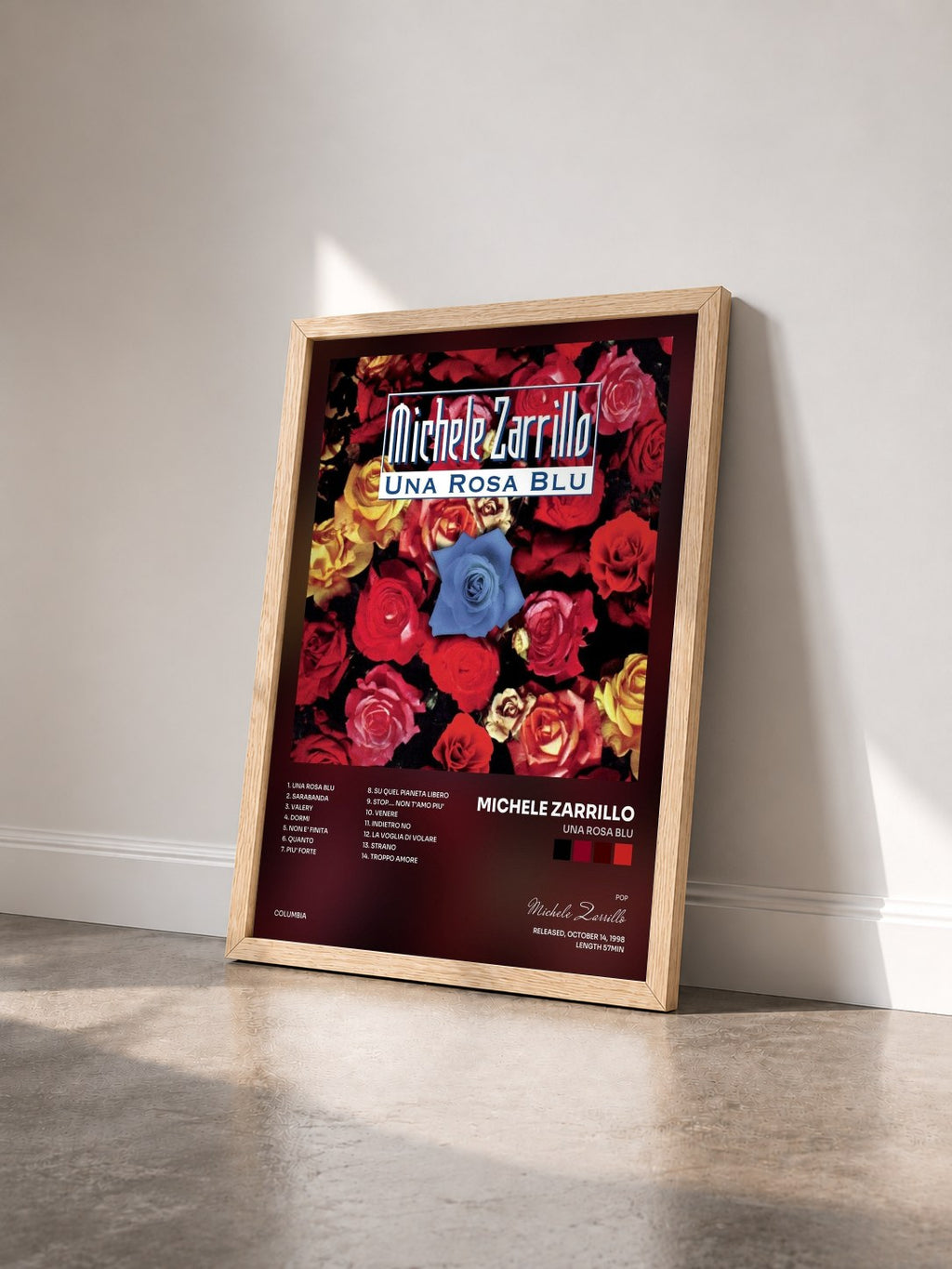 #bois Tableau de l'album Una Rosa Blu de Michele Zarrillo vu de trois quarts, cadre en bois brut