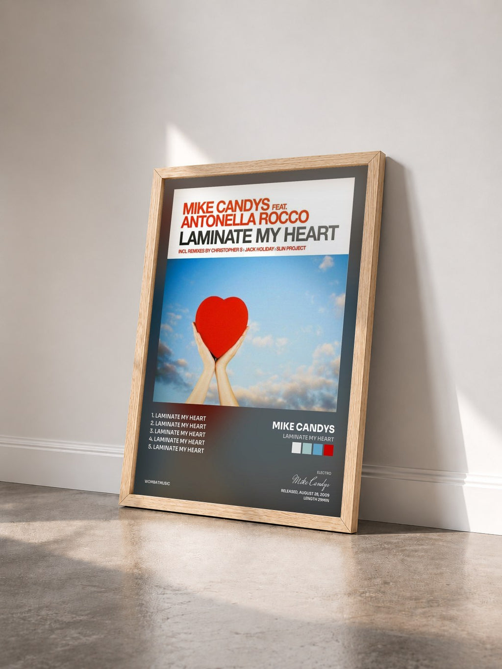 #bois Tableau de l'album Laminate My Heart de Mike Candys vu de trois quarts, cadre en bois brut