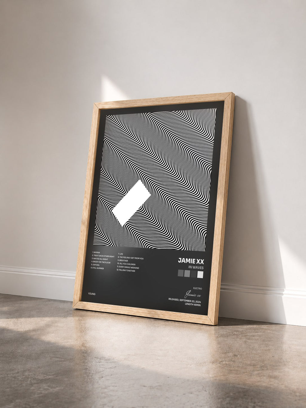 #bois Tableau de l'album In Waves de Jamie xx vu de trois quarts, cadre en bois brut