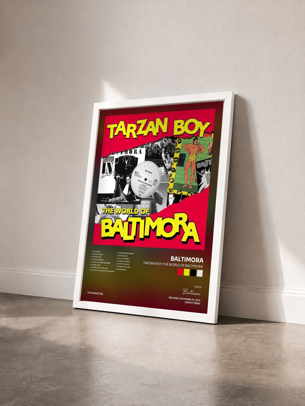 #blanc Tableau de l'album Tarzan Boy: The World Of Baltimora de Baltimora vu de trois quarts, cadre blanc