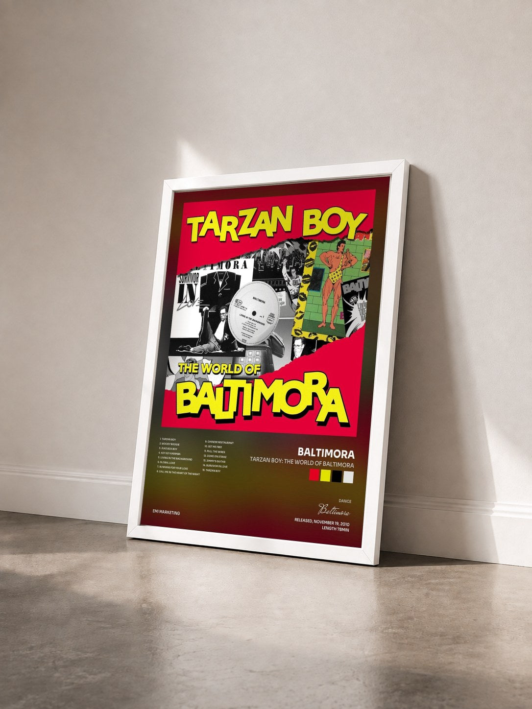 #blanc Tableau de l'album Tarzan Boy: The World Of Baltimora de Baltimora vu de trois quarts, cadre blanc