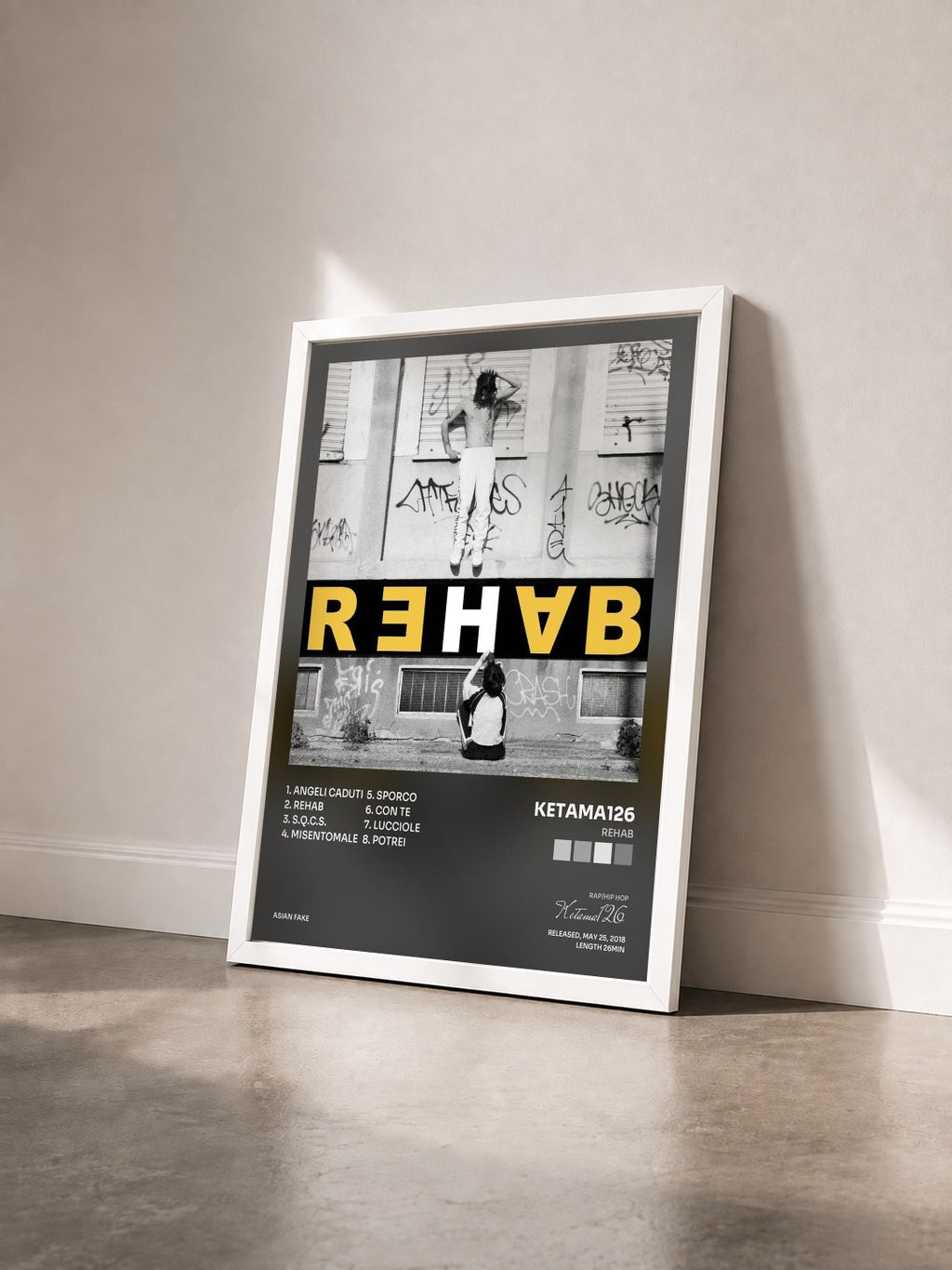#blanc Tableau de l'album Rehab de Ketama126 vu de trois quarts, cadre blanc