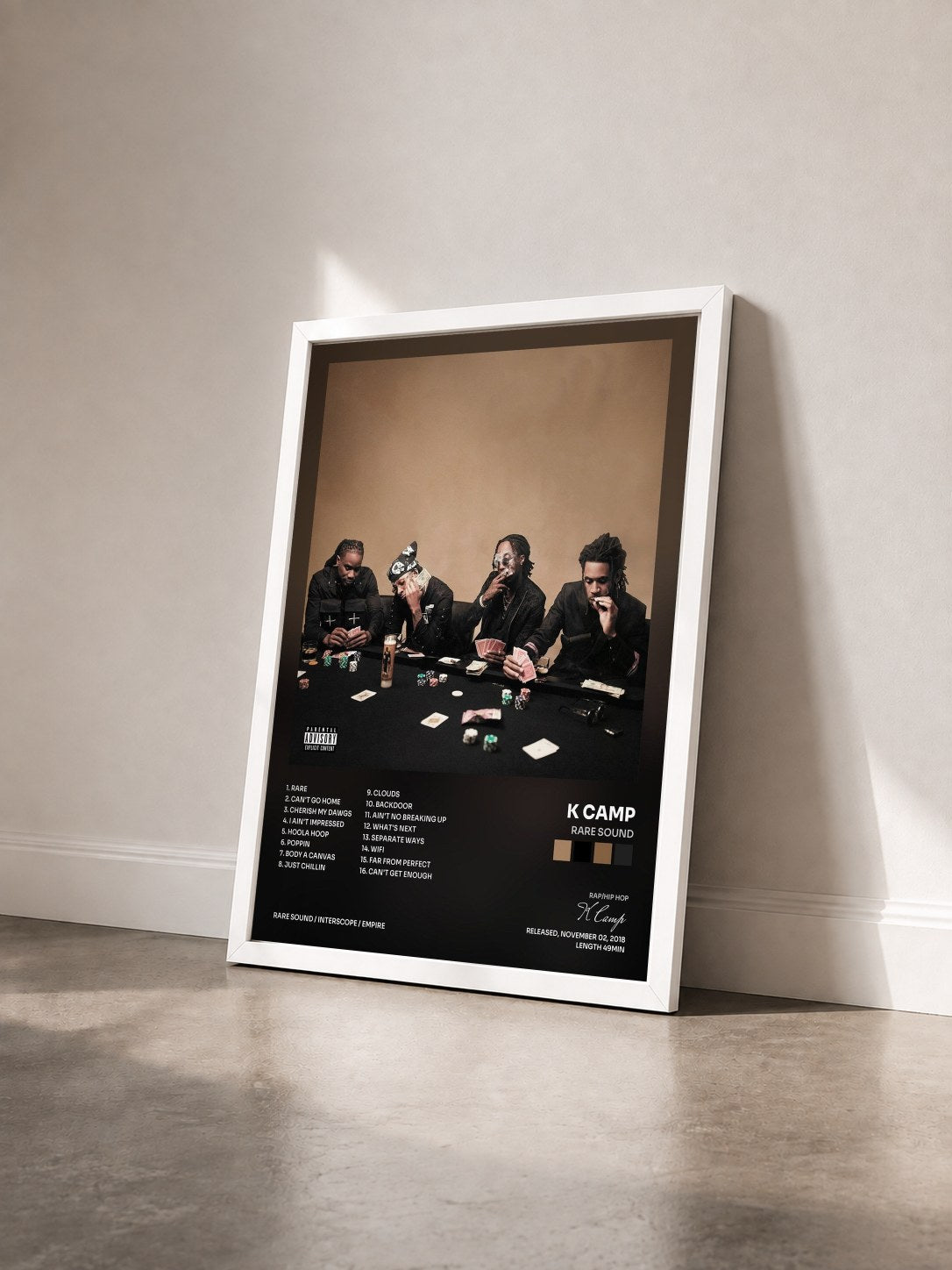 #blanc Tableau de l'album RARE Sound de K Camp vu de trois quarts, cadre blanc