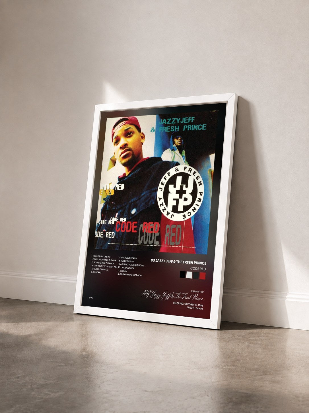 #blanc Tableau de l'album Code Red de DJ Jazzy Jeff & The Fresh Prince vu de trois quarts, cadre blanc