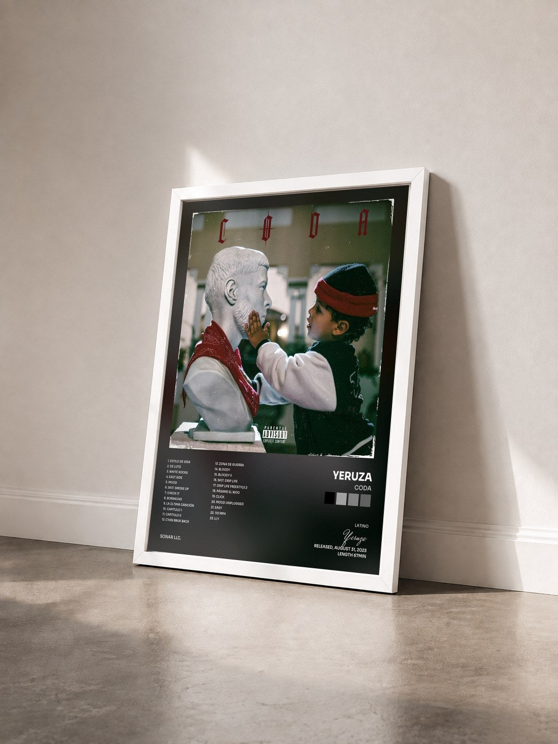 #blanc Tableau de l'album CODA de Yeruza vu de trois quarts, cadre blanc