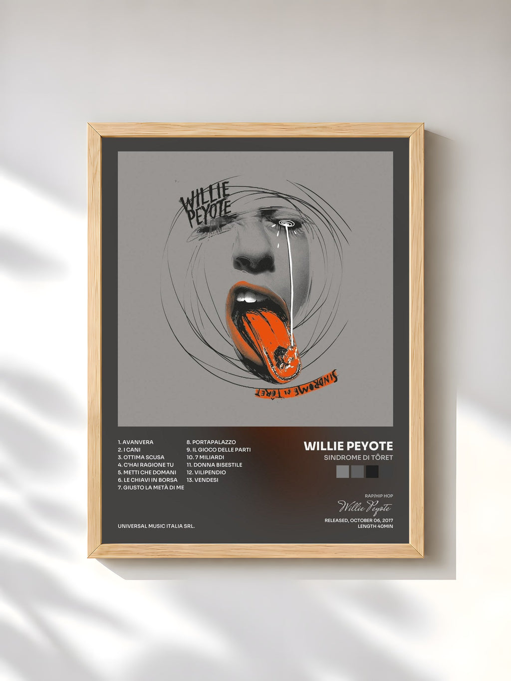 #bois Tableau de l'album Sindrome di Tôret de Willie Peyote, cadre en bois brut, imprimé et encadré en France