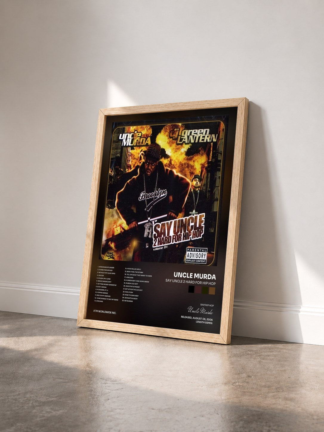 #bois Tableau de l'album Say Uncle 2 Hard for Hip Hop de Uncle Murda vu de trois quarts, cadre en bois brut