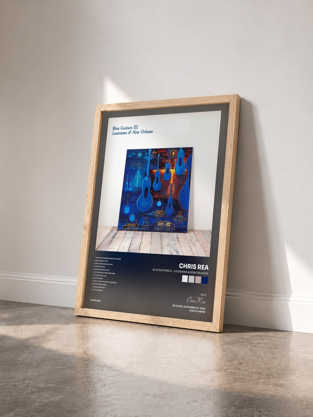 #bois Tableau de l'album Blue Guitars III - Louisiana & New Orleans de Chris Rea vu de trois quarts, cadre en bois brut