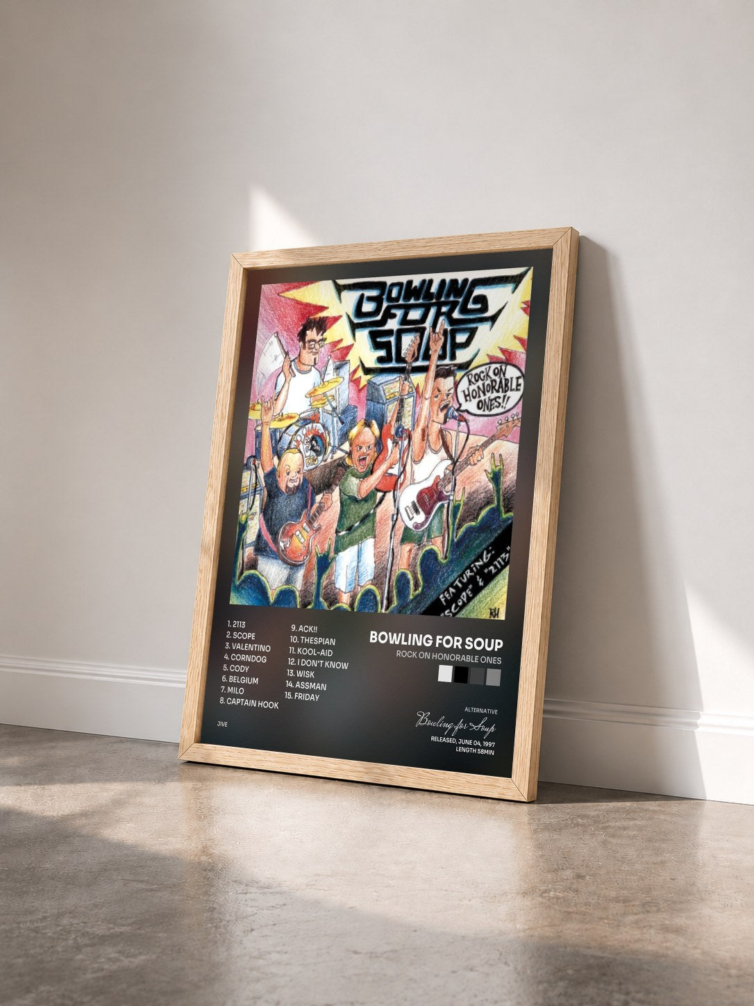 #bois Tableau de l'album Rock On Honorable Ones de Bowling for Soup vu de trois quarts, cadre en bois brut