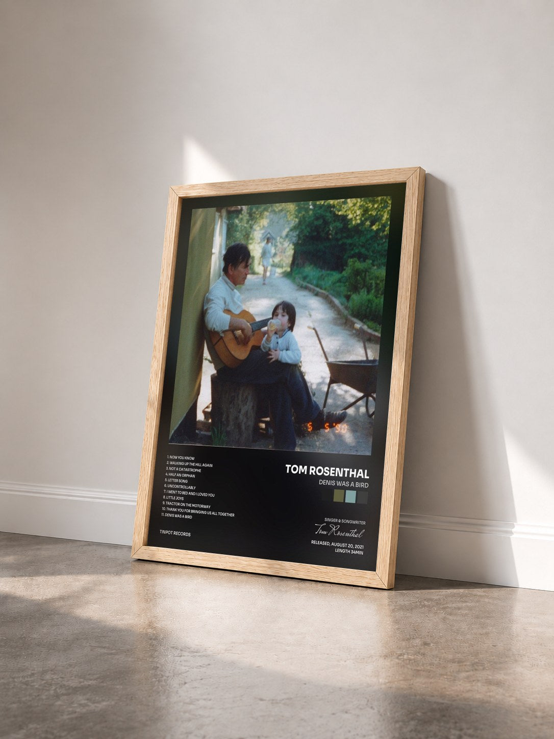#bois Tableau de l'album Denis Was a Bird de Tom Rosenthal vu de trois quarts, cadre en bois brut