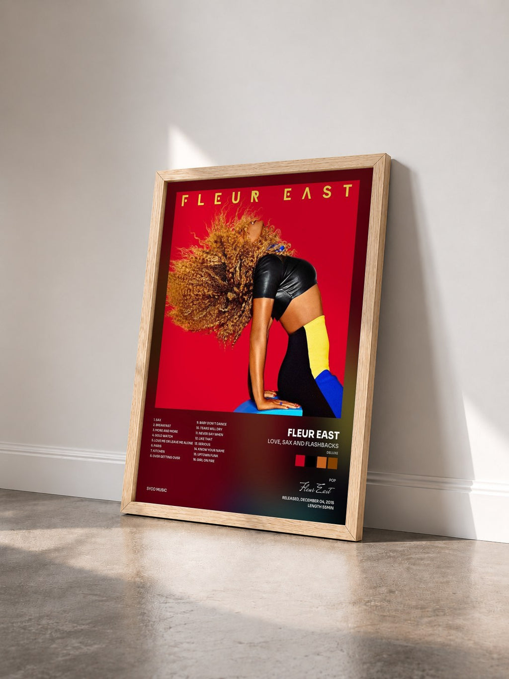 #bois Tableau de l'album Love, Sax and Flashbacks (Deluxe) de Fleur East vu de trois quarts, cadre en bois brut
