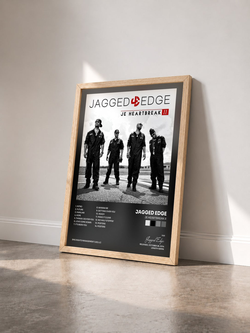 #bois Tableau de l'album JE Heartbreak II de Jagged Edge vu de trois quarts, cadre en bois brut
