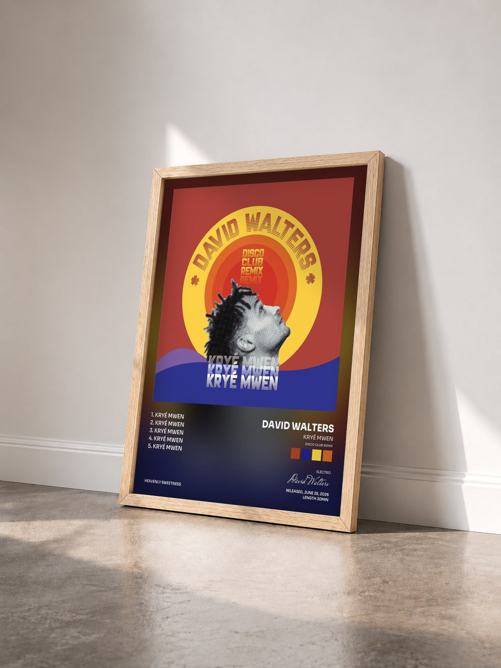 #bois Tableau de l'album Kryé Mwen (Disco Club Remix) de David Walters vu de trois quarts, cadre en bois brut