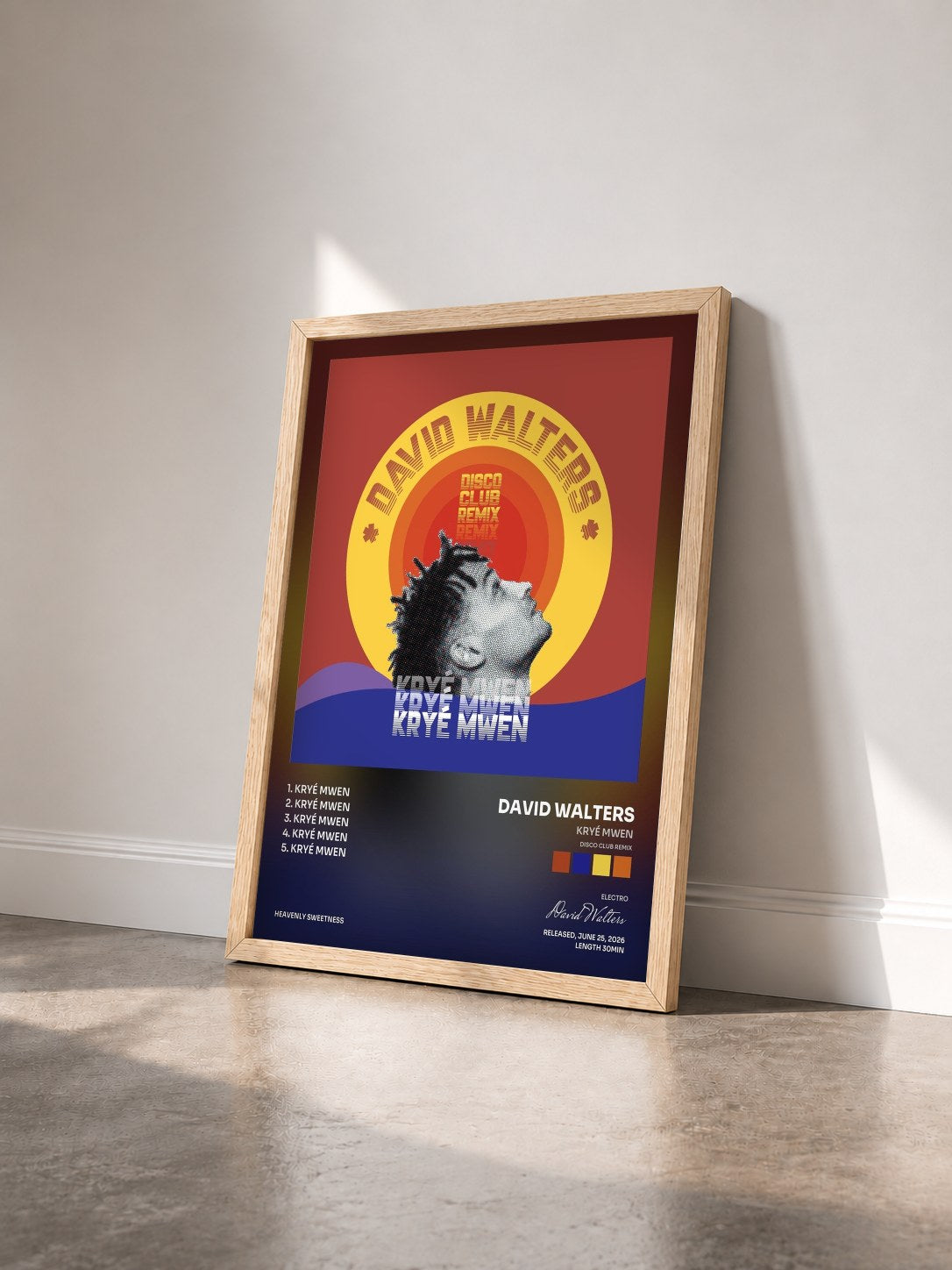#bois Tableau de l'album Kryé Mwen (Disco Club Remix) de David Walters vu de trois quarts, cadre en bois brut