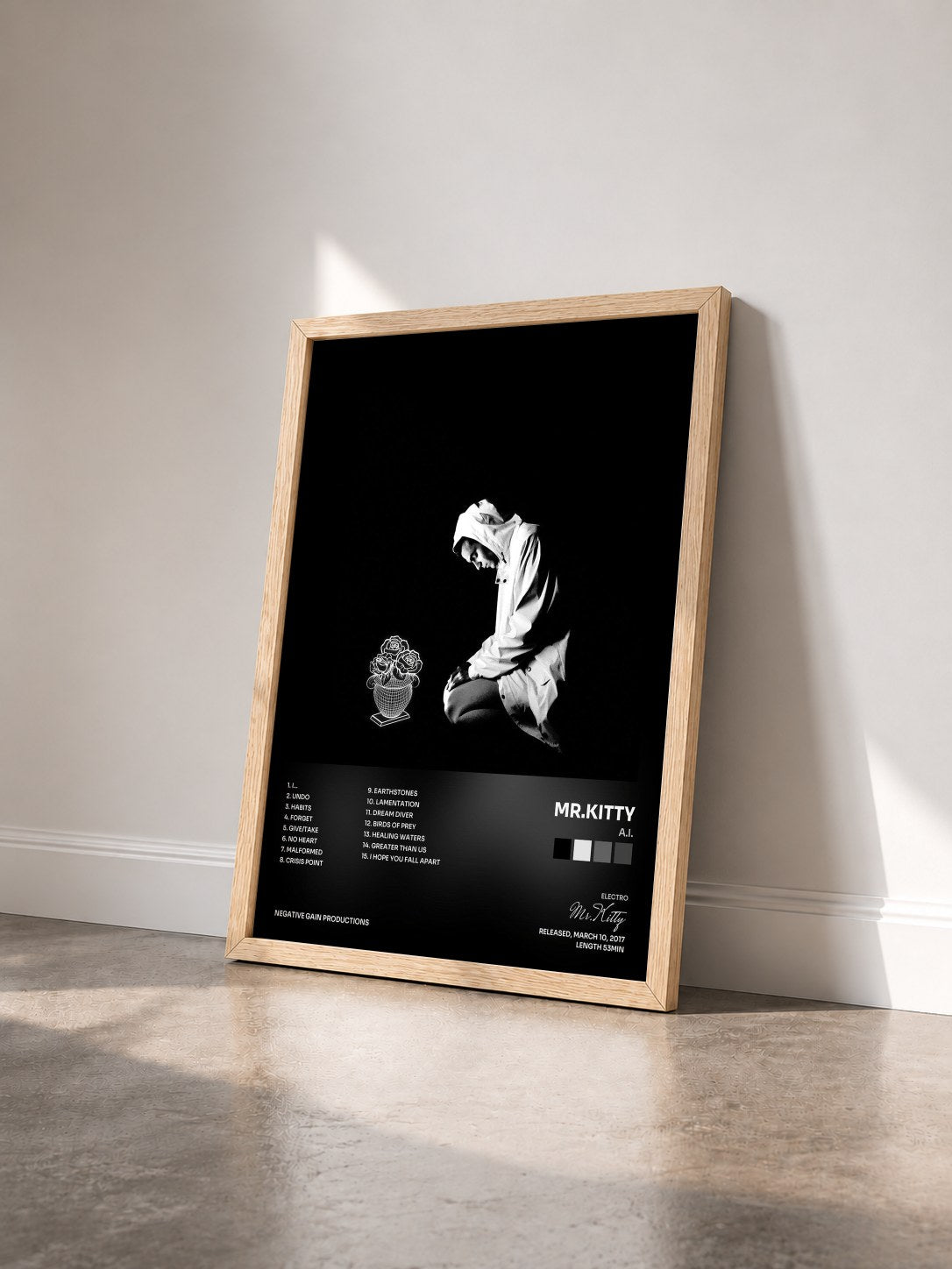 #bois Tableau de l'album A.I. de Mr.Kitty vu de trois quarts, cadre en bois brut
