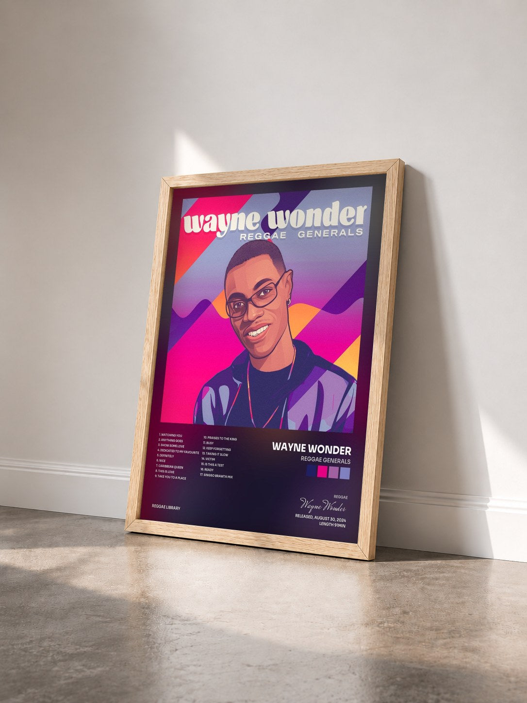 #bois Tableau de l'album Reggae Generals de Wayne Wonder vu de trois quarts, cadre en bois brut