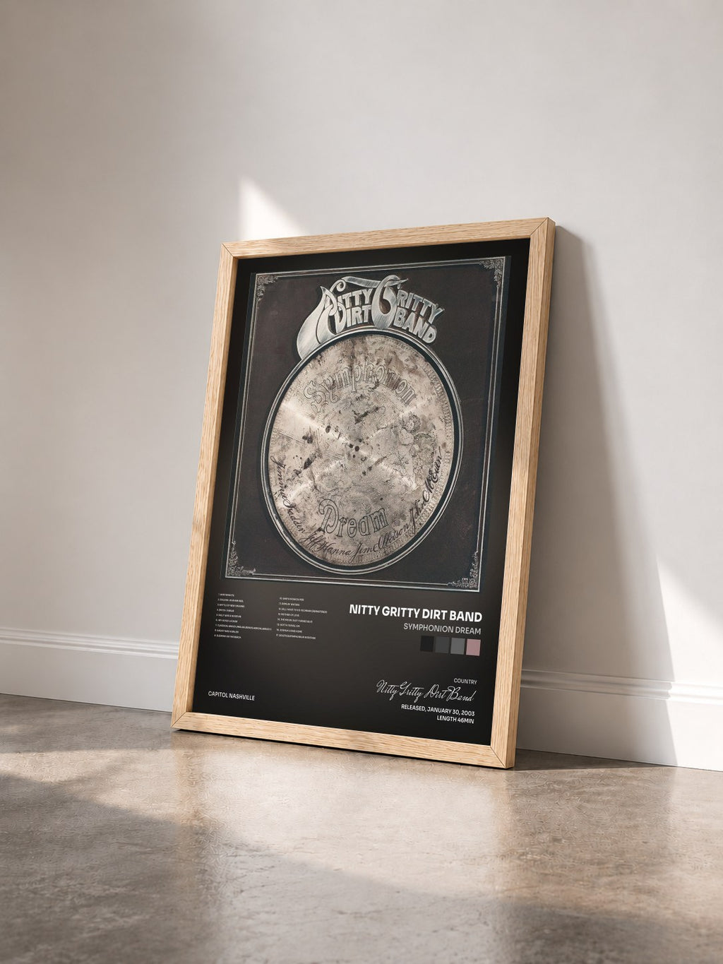 #bois Tableau de l'album Symphonion Dream de Nitty Gritty Dirt Band vu de trois quarts, cadre en bois brut