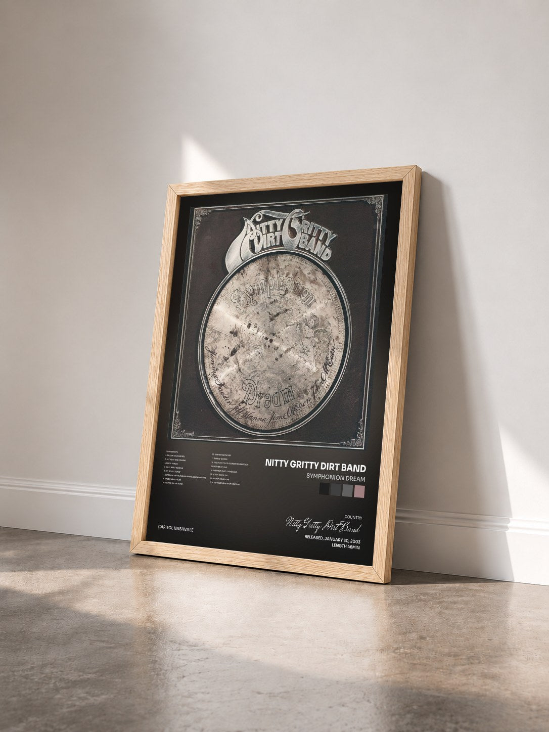 #bois Tableau de l'album Symphonion Dream de Nitty Gritty Dirt Band vu de trois quarts, cadre en bois brut