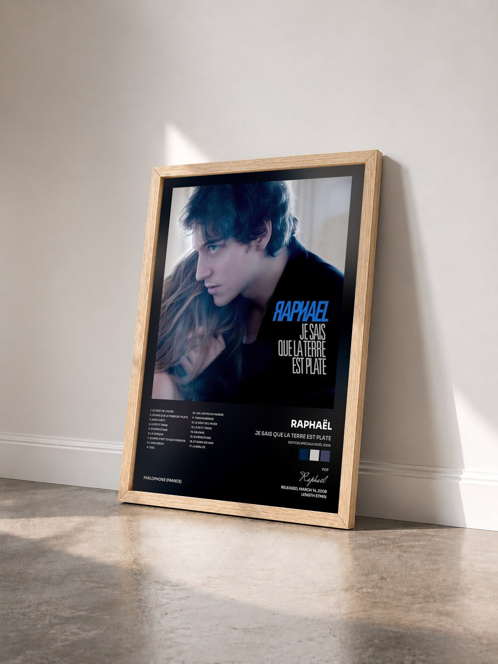 #bois Tableau de l'album Je Sais Que La Terre Est Plate (Edition Spéciale Noël 2008) de Raphaël vu de trois quarts, cadre en bois brut