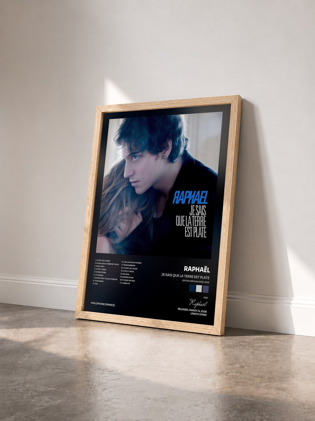 #bois Tableau de l'album Je Sais Que La Terre Est Plate (Edition Spéciale Noël 2008) de Raphaël vu de trois quarts, cadre en bois brut