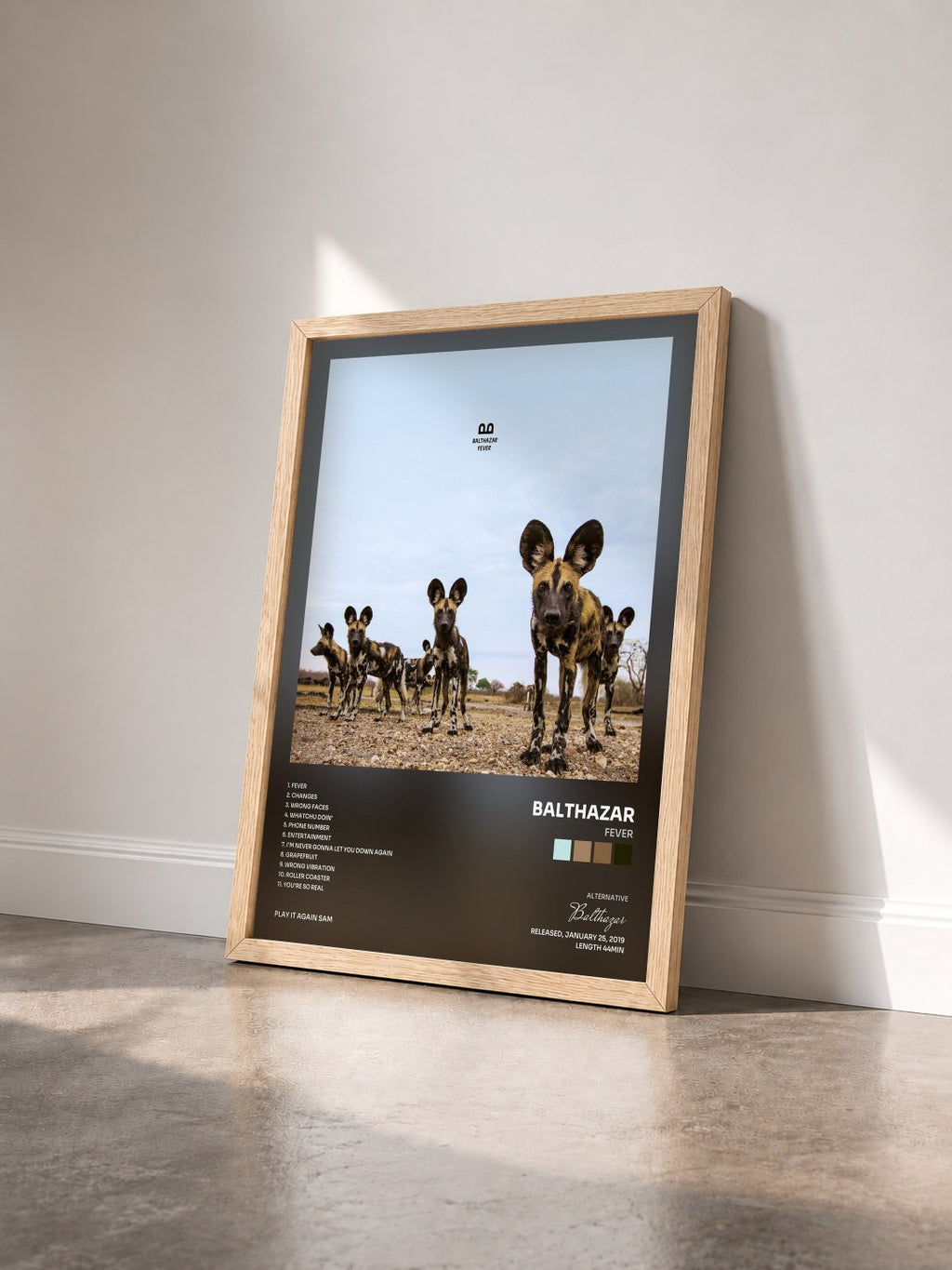 #bois Tableau de l'album Fever de Balthazar vu de trois quarts, cadre en bois brut