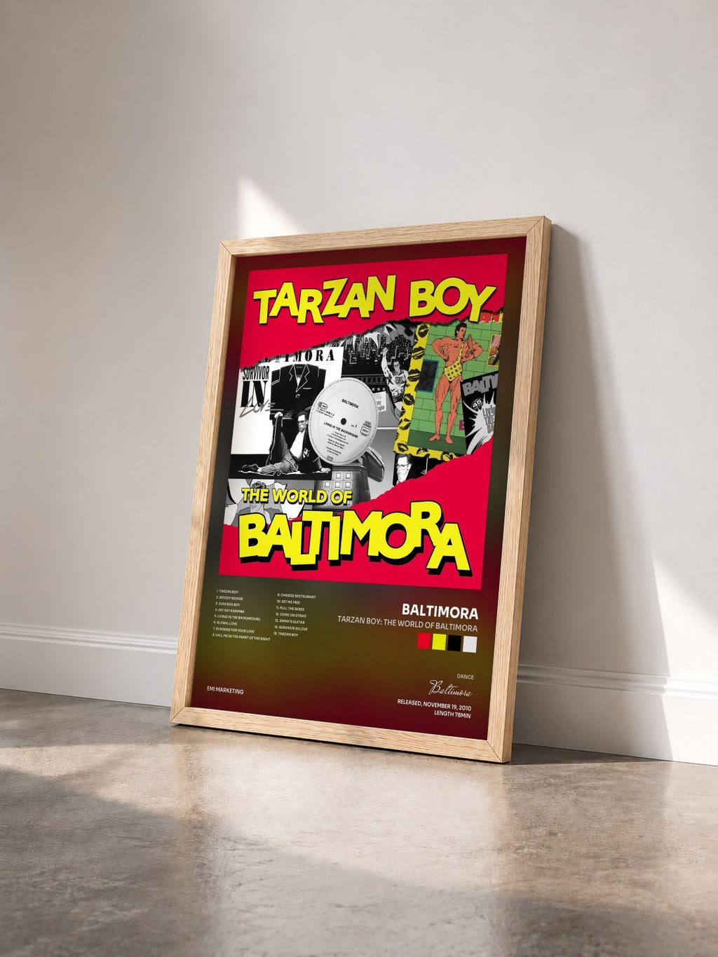 #bois Tableau de l'album Tarzan Boy: The World Of Baltimora de Baltimora vu de trois quarts, cadre en bois brut