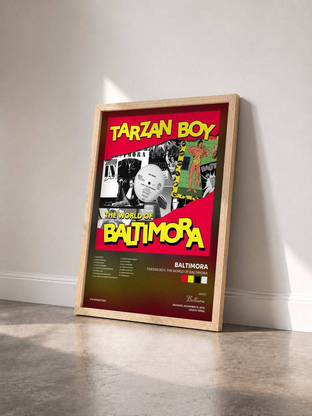 #bois Tableau de l'album Tarzan Boy: The World Of Baltimora de Baltimora vu de trois quarts, cadre en bois brut