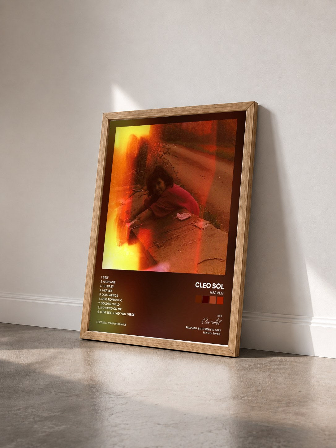 #bois Tableau de l'album Heaven de Cleo Sol vu de trois quarts, cadre en bois brut
