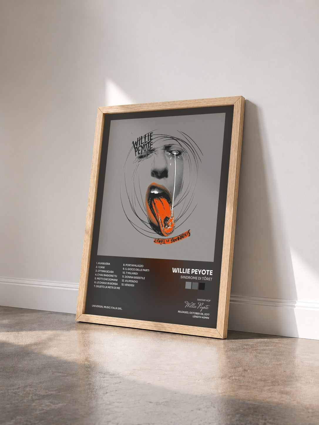 #bois Tableau de l'album Sindrome di Tôret de Willie Peyote vu de trois quarts, cadre en bois brut