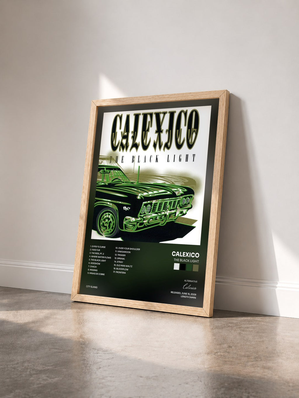 #bois Tableau de l'album The Black Light de Calexico vu de trois quarts, cadre en bois brut