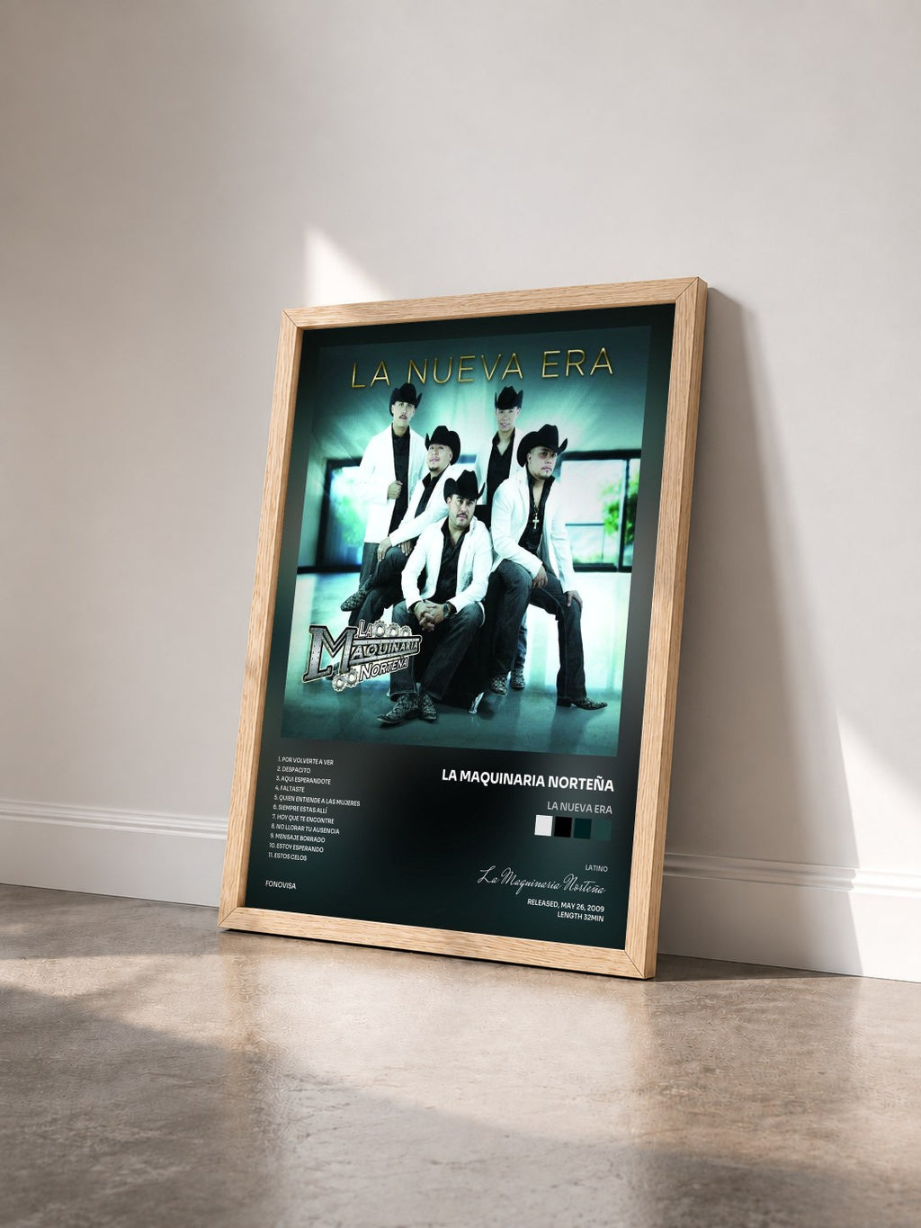 #bois Tableau de l'album La Nueva Era de La Maquinaria Norteña vu de trois quarts, cadre en bois brut
