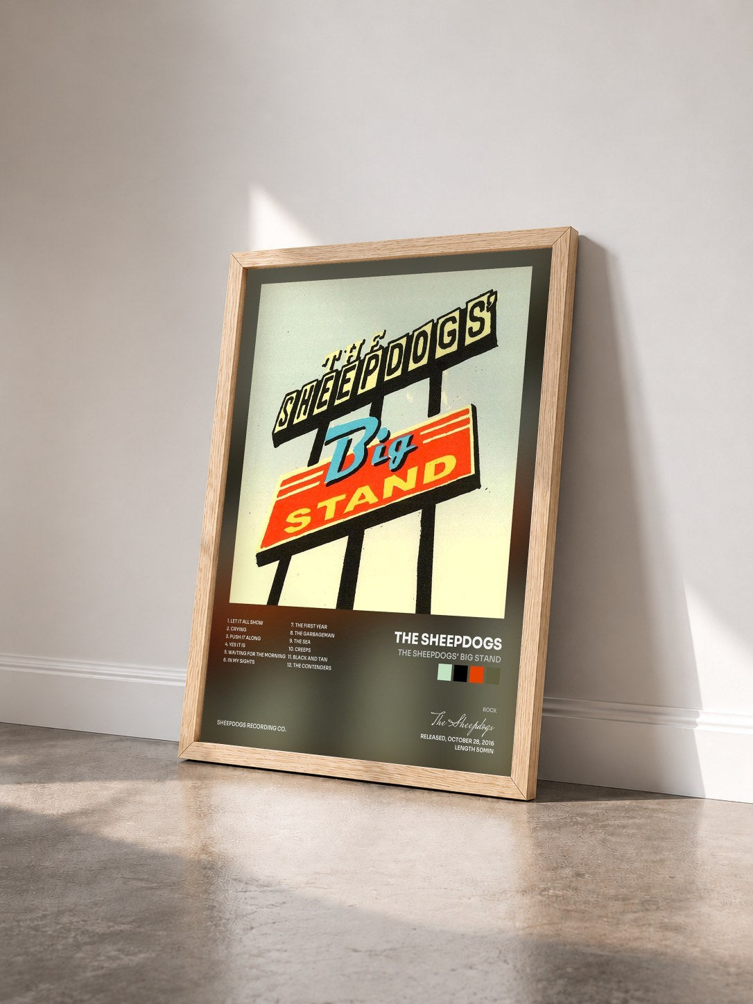 #bois Tableau de l'album The Sheepdogs' Big Stand de The Sheepdogs vu de trois quarts, cadre en bois brut