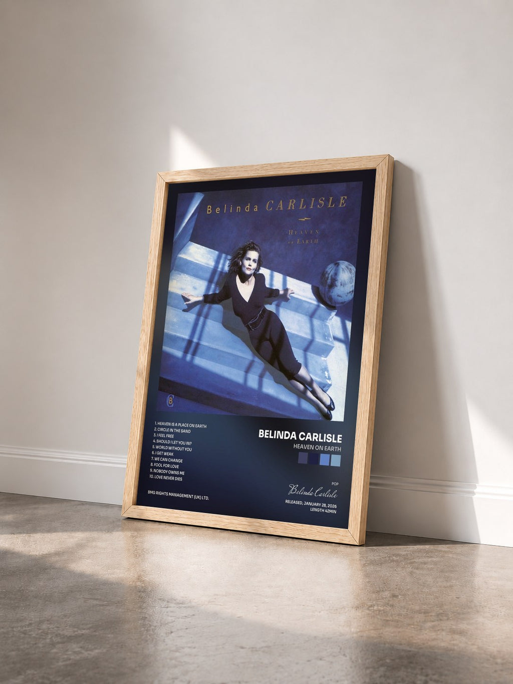 #bois Tableau de l'album Heaven on Earth de Belinda Carlisle vu de trois quarts, cadre en bois brut