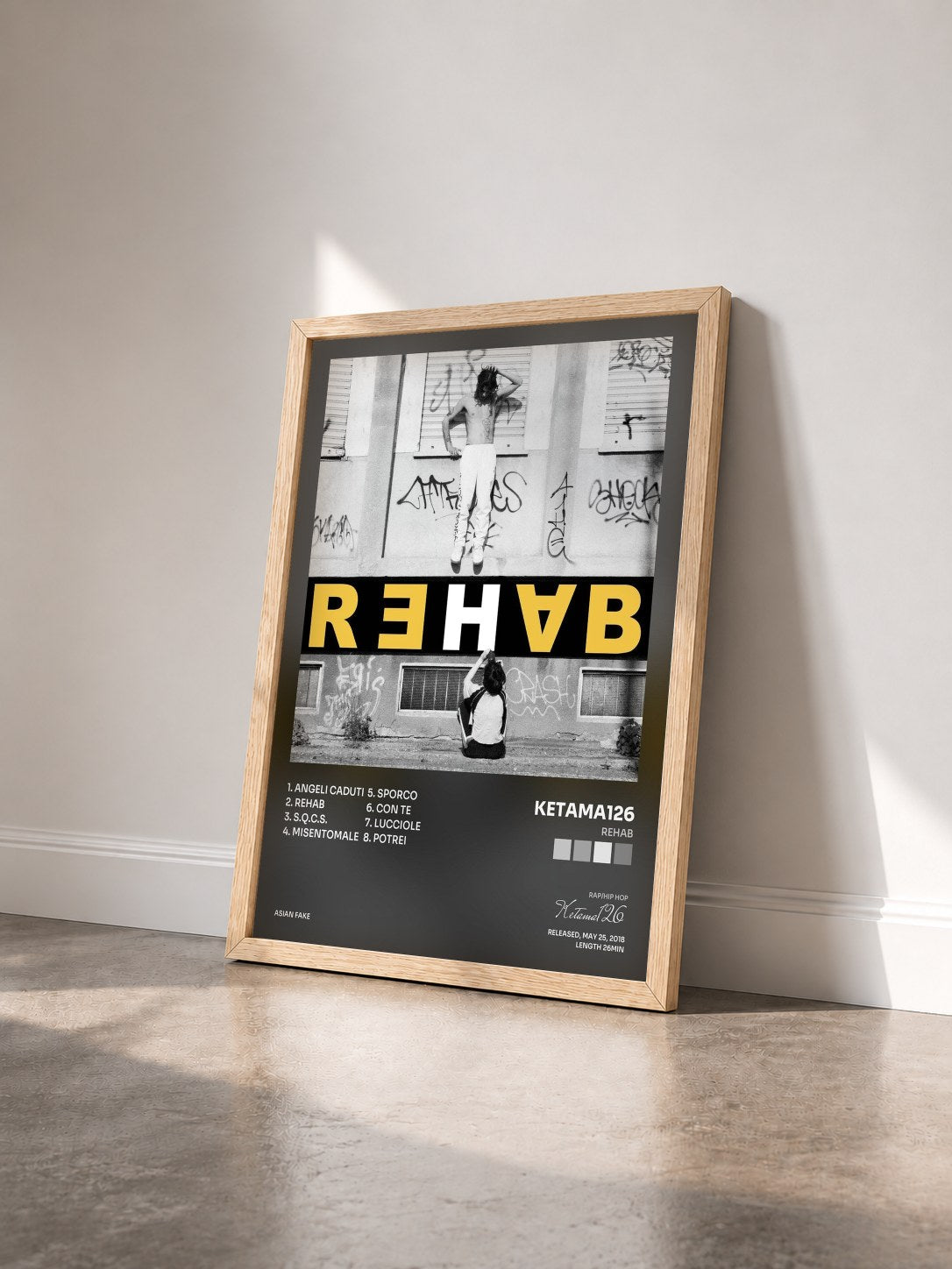 #bois Tableau de l'album Rehab de Ketama126 vu de trois quarts, cadre en bois brut