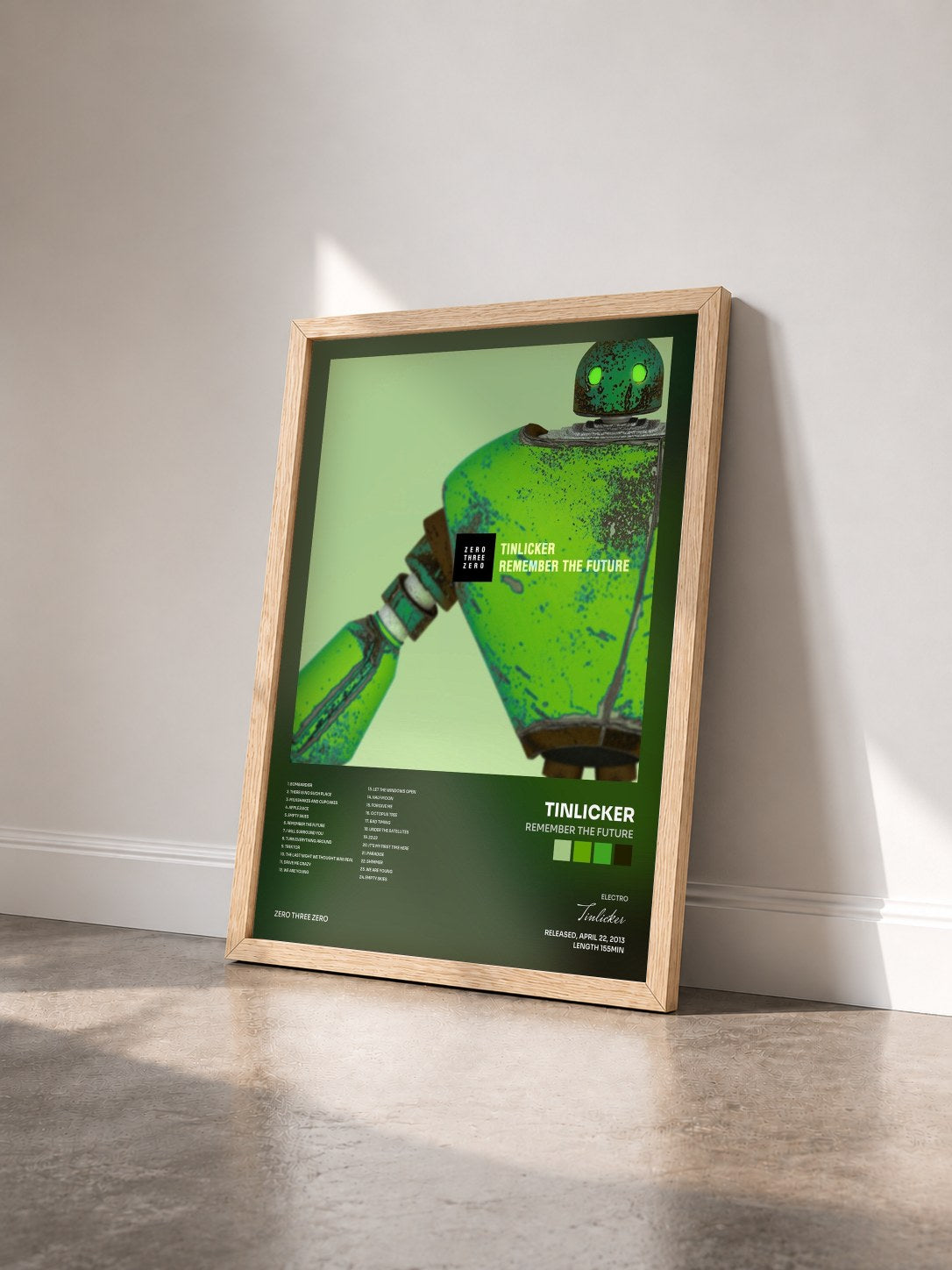 #bois Tableau de l'album Remember the Future de Tinlicker vu de trois quarts, cadre en bois brut