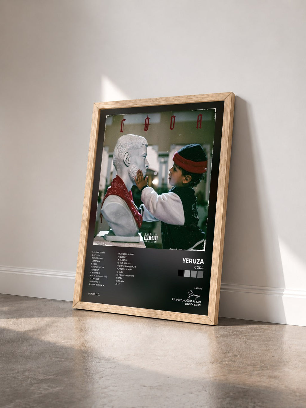 #bois Tableau de l'album CODA de Yeruza vu de trois quarts, cadre en bois brut