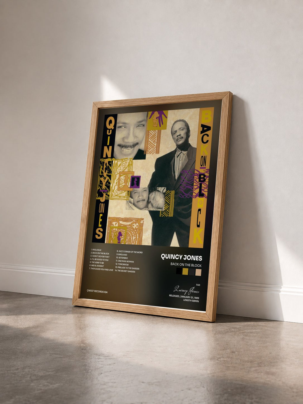 #bois Tableau de l'album Back On The Block de Quincy Jones vu de trois quarts, cadre en bois brut