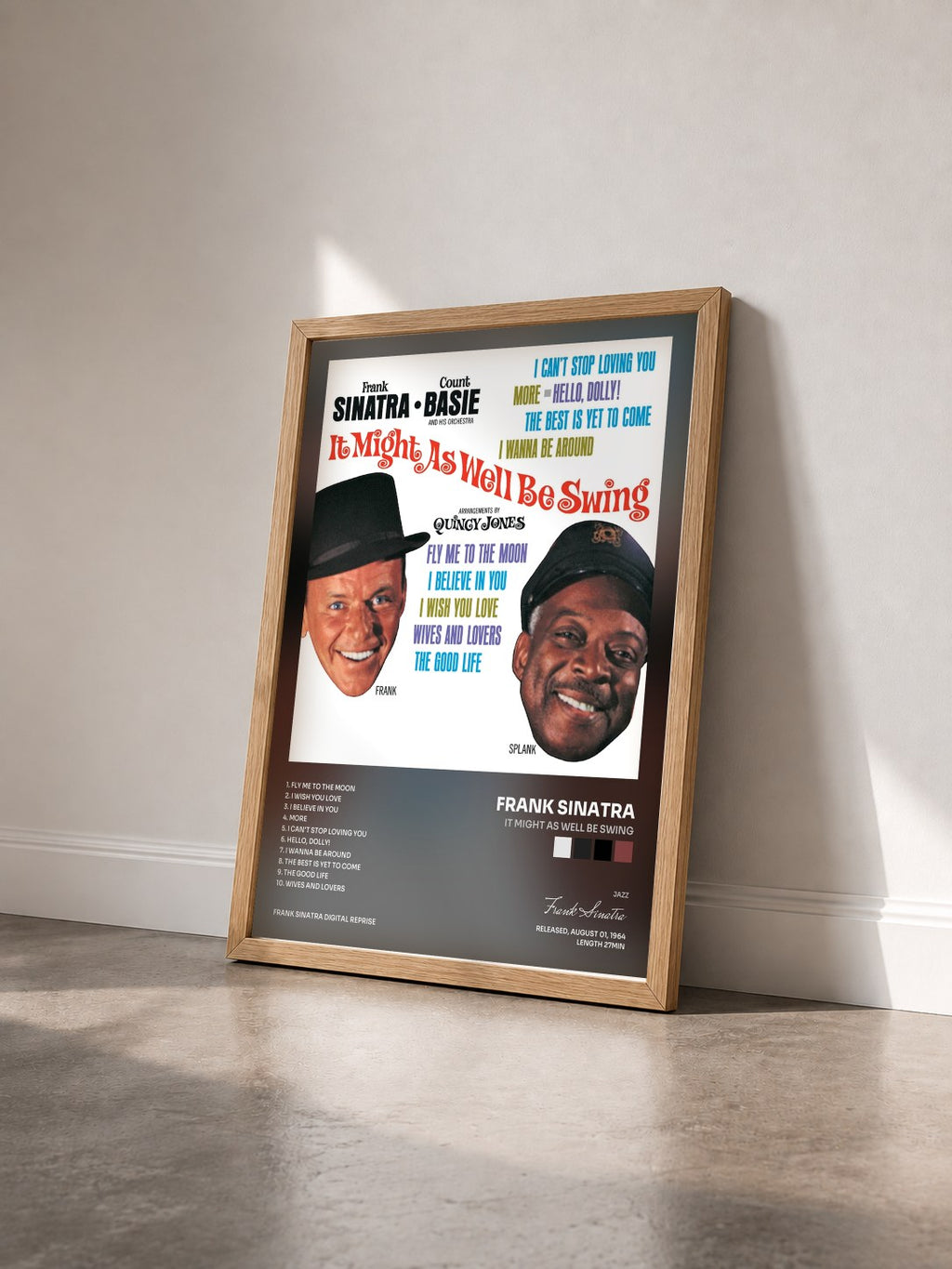 #bois Tableau de l'album It Might As Well Be Swing de Frank Sinatra vu de trois quarts, cadre en bois brut