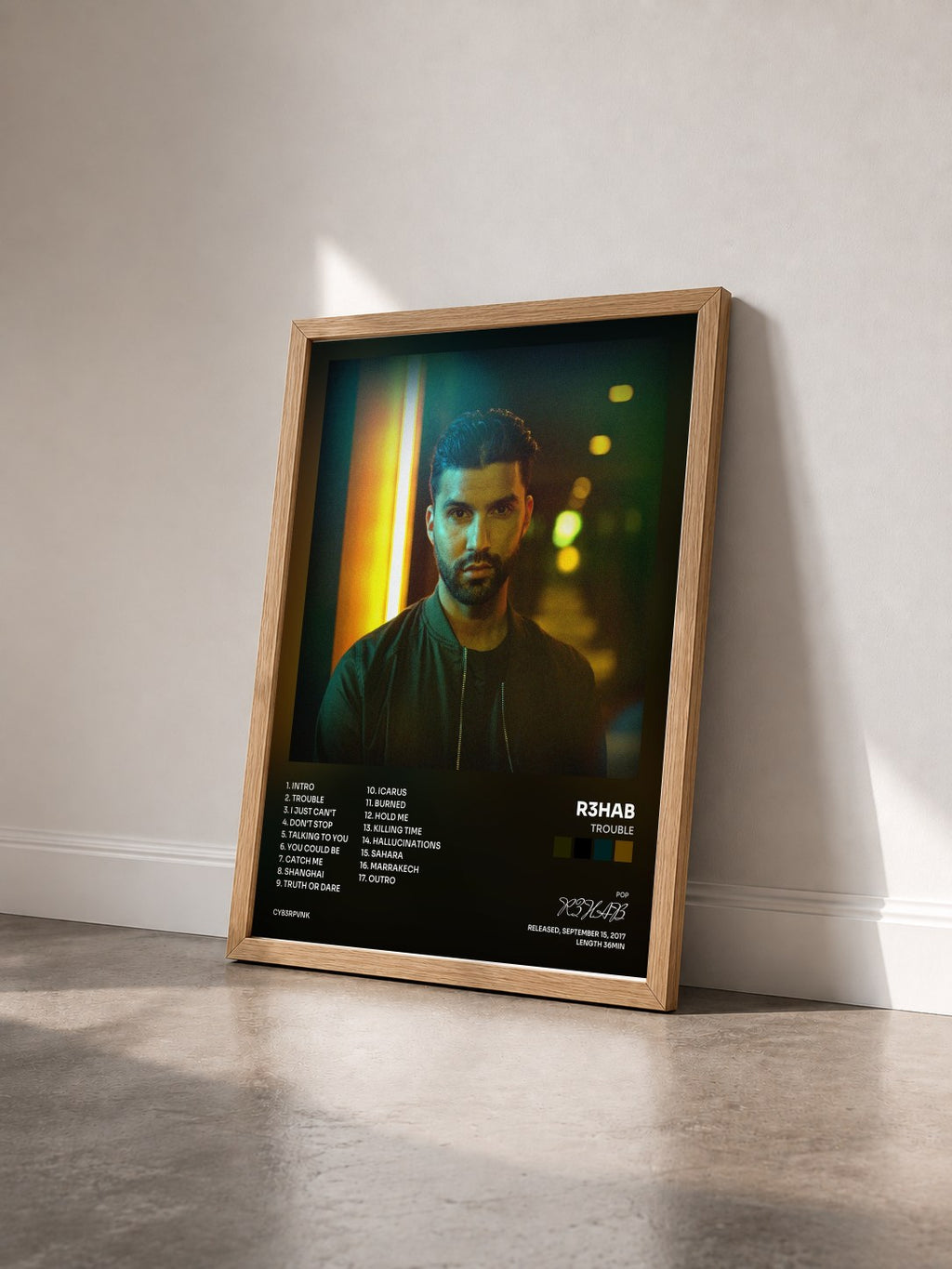 #bois Tableau de l'album Trouble de R3HAB vu de trois quarts, cadre en bois brut