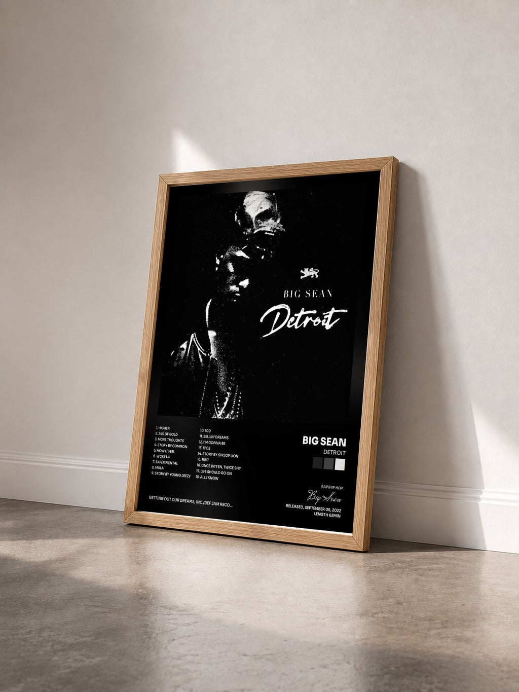 #bois Tableau de l'album Detroit de Big Sean vu de trois quarts, cadre en bois brut