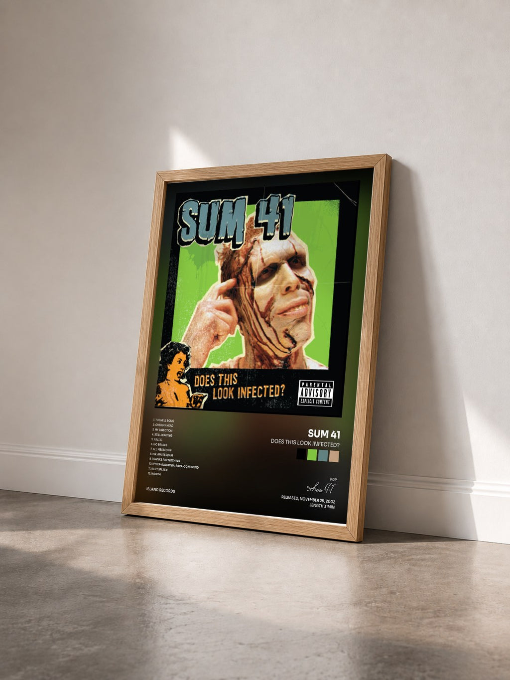 #bois Tableau de l'album Does This Look Infected? de Sum 41 vu de trois quarts, cadre en bois brut