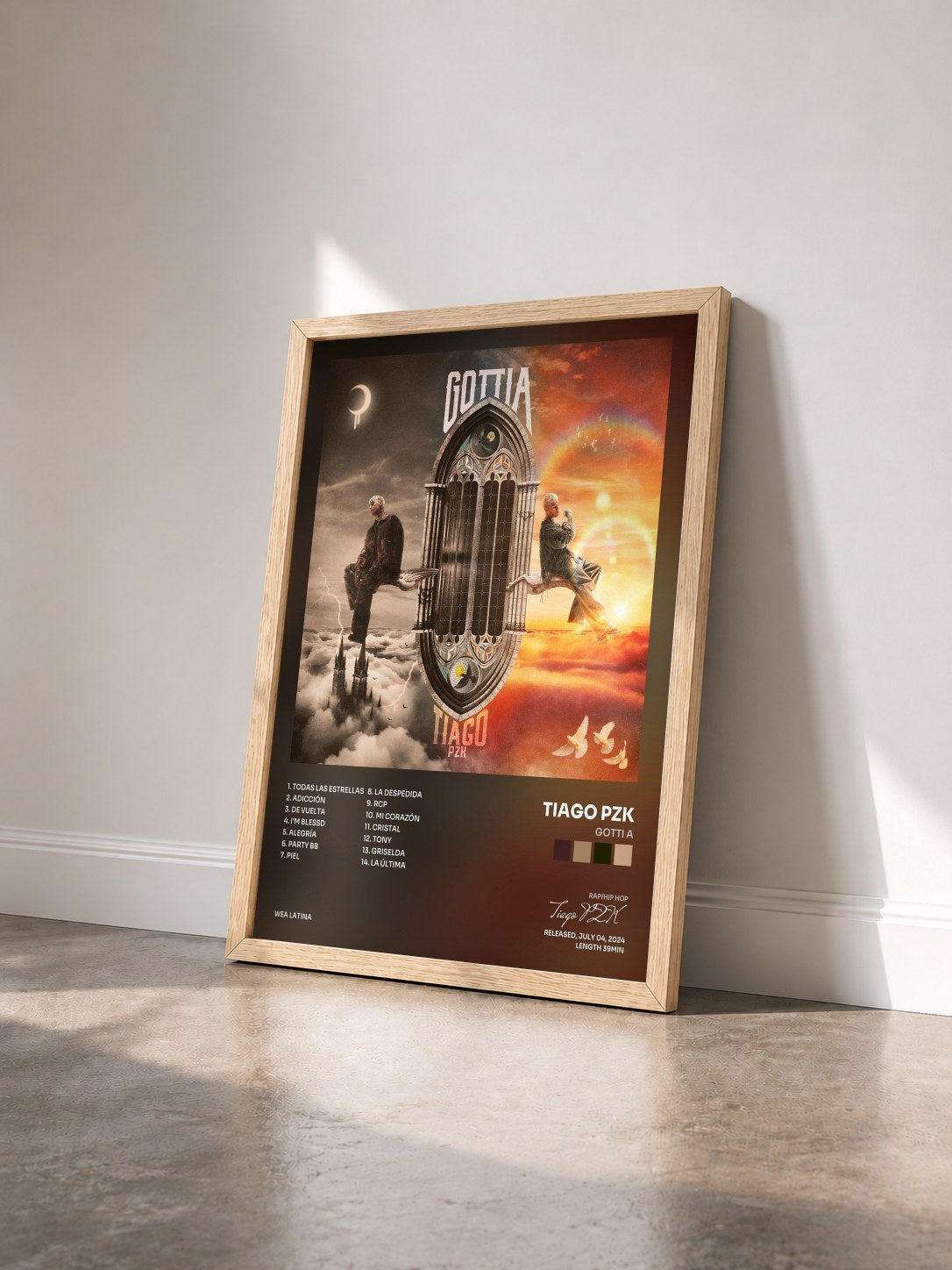 #bois Tableau de l'album GOTTI A de Tiago PZK vu de trois quarts, cadre en bois brut