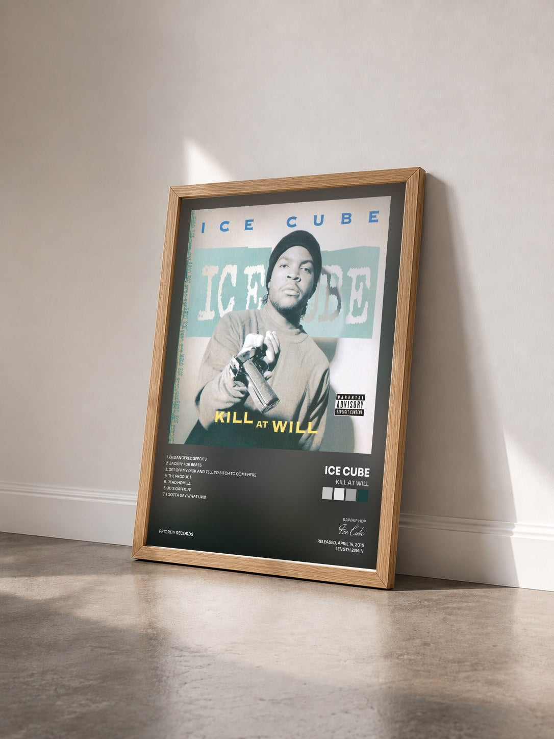 #bois Tableau de l'album Kill At Will de Ice Cube vu de trois quarts, cadre en bois brut