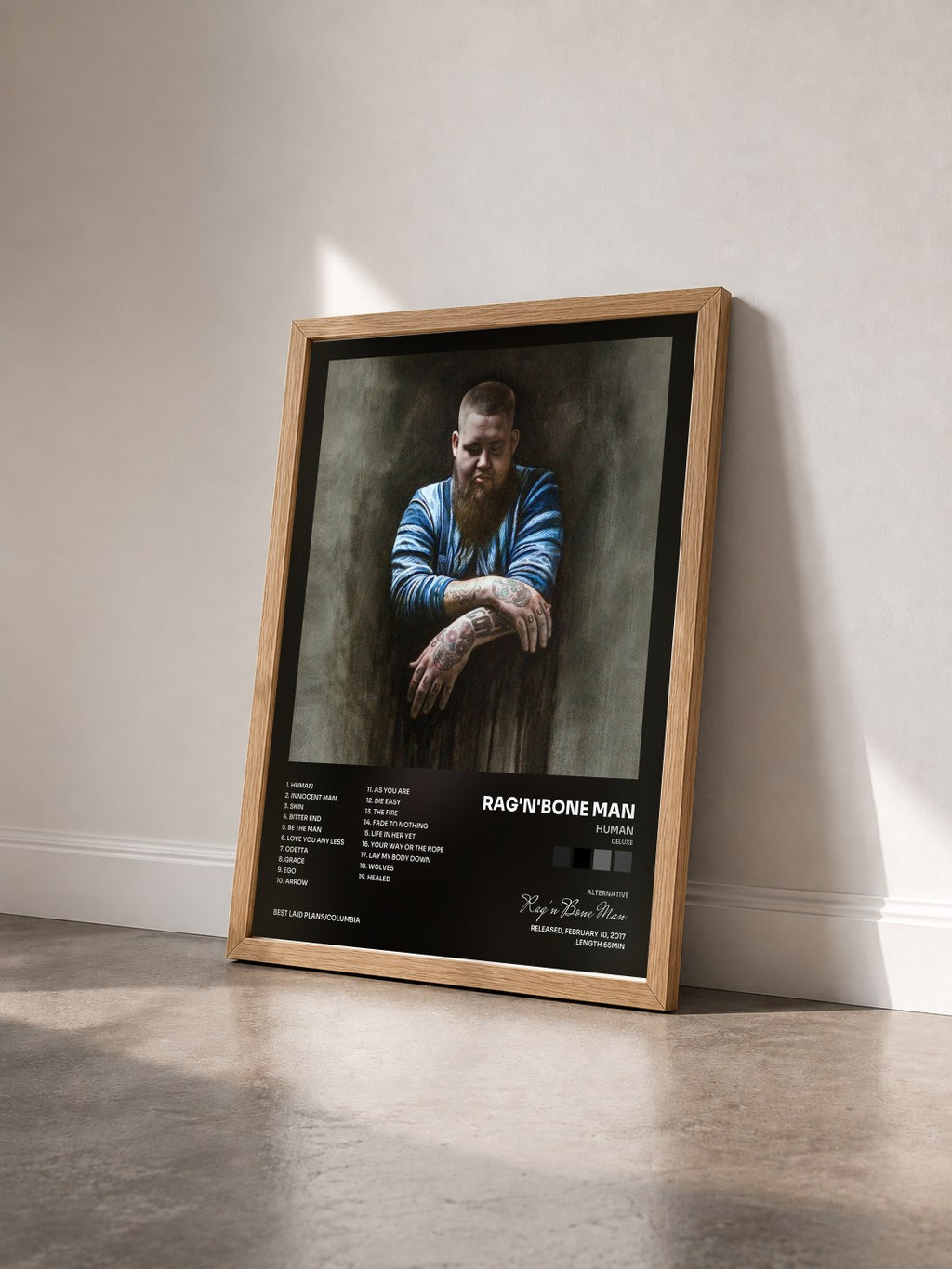 #bois Tableau de l'album Human (Deluxe) de Rag'n'Bone Man vu de trois quarts, cadre en bois brut