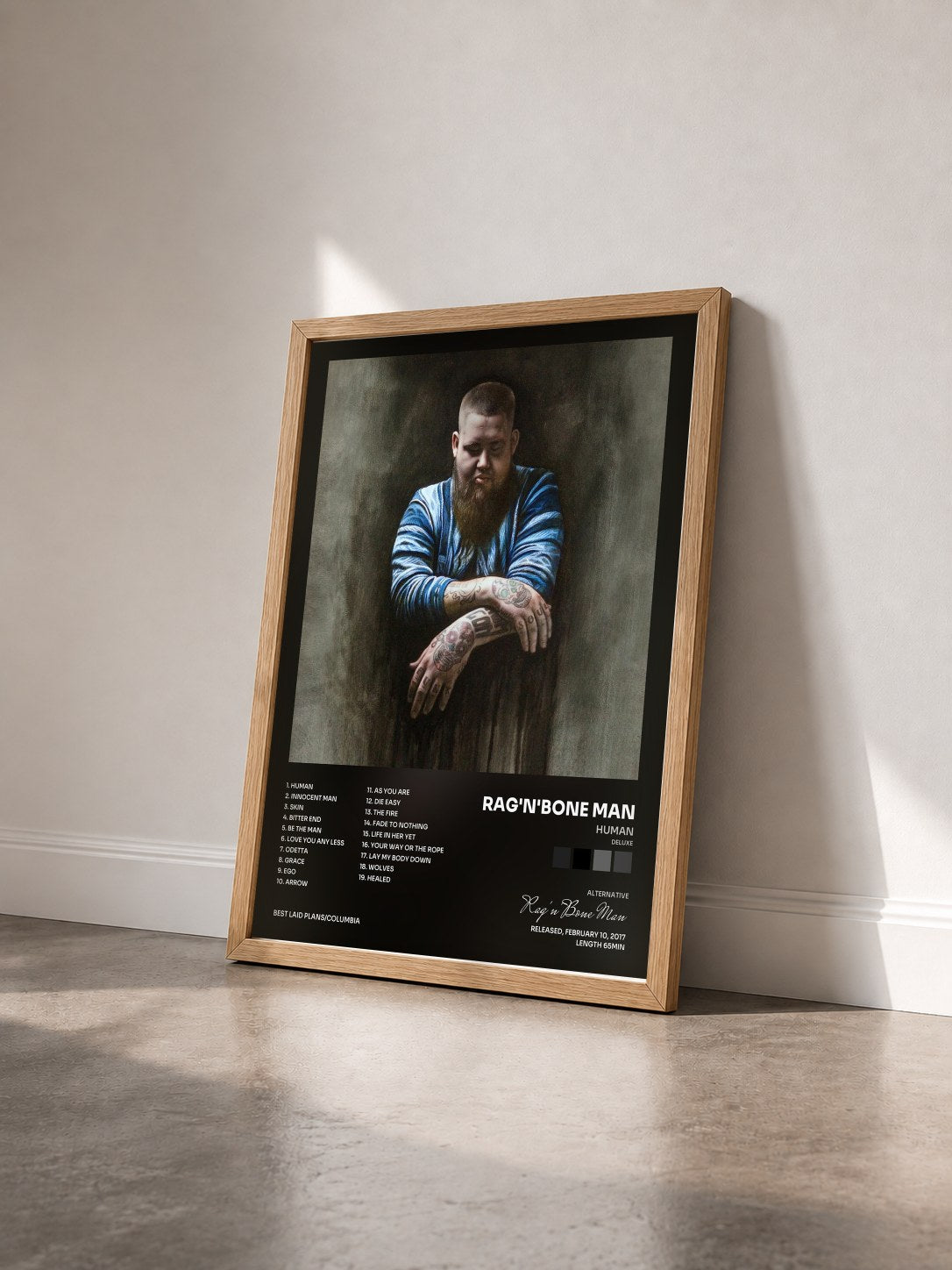 #bois Tableau de l'album Human (Deluxe) de Rag'n'Bone Man vu de trois quarts, cadre en bois brut