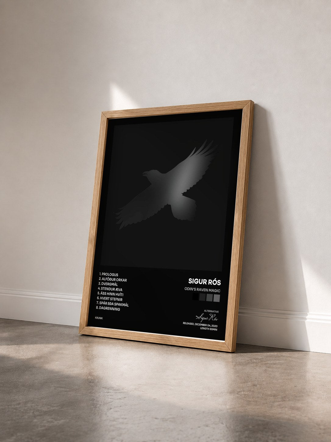 #bois Tableau de l'album Odin's Raven Magic de Sigur Rós vu de trois quarts, cadre en bois brut