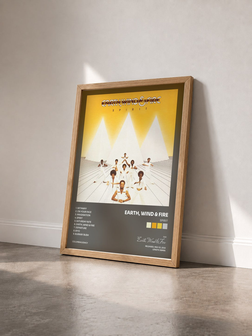 #bois Tableau de l'album Spirit de Earth, Wind & Fire vu de trois quarts, cadre en bois brut