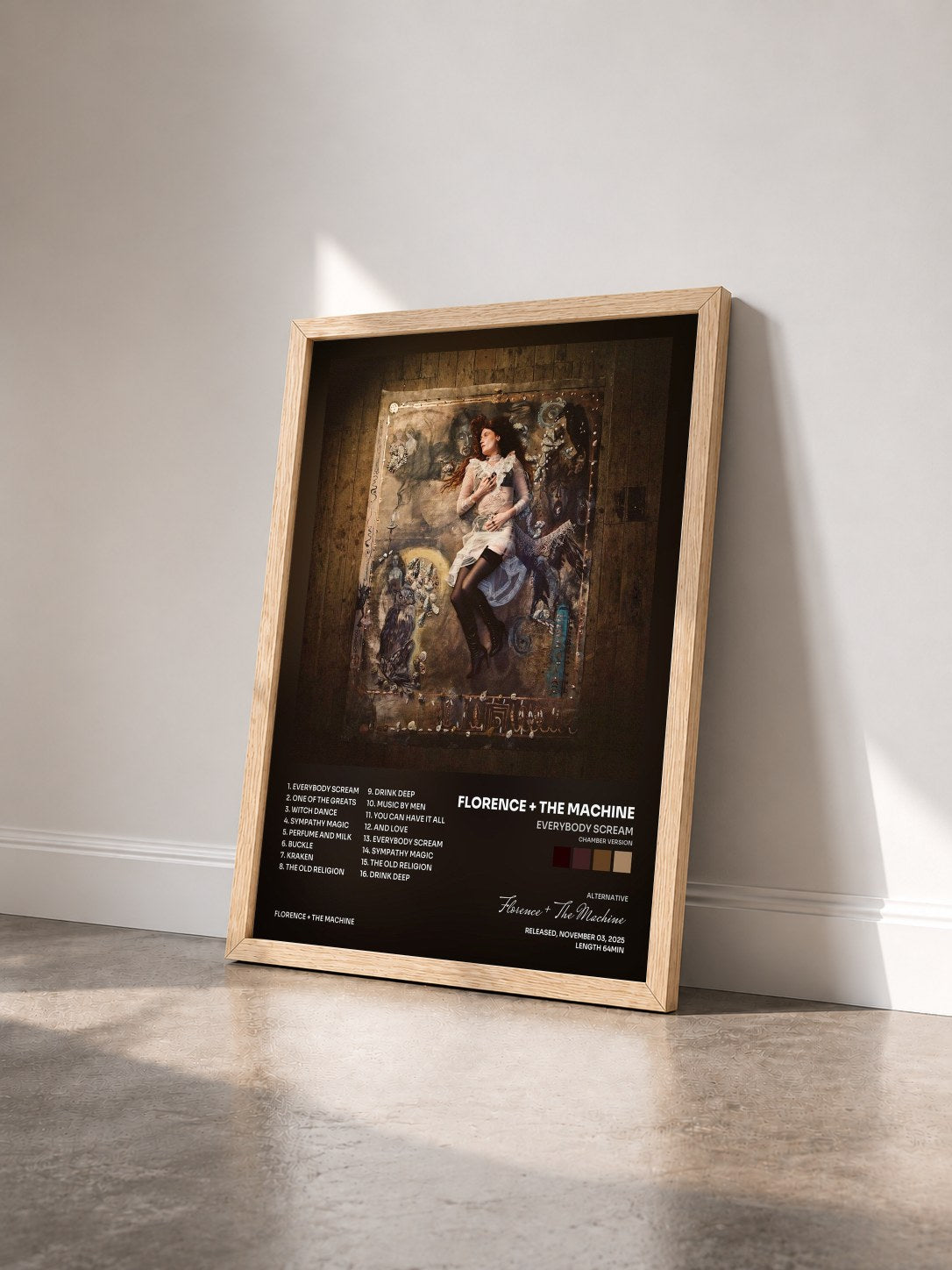 #bois Tableau de l'album Everybody Scream (Chamber Version) de Florence + The Machine vu de trois quarts, cadre en bois brut