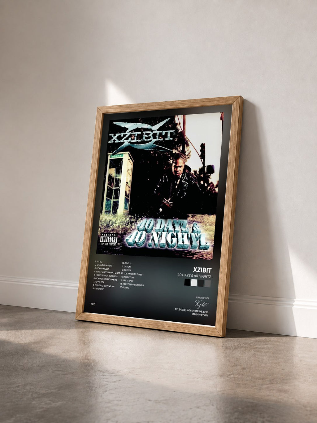 #bois Tableau de l'album 40 Dayz & 40 Nightz de Xzibit vu de trois quarts, cadre en bois brut